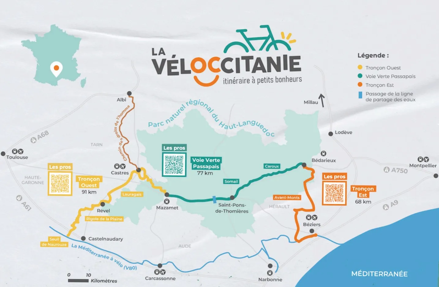 Carte de la Véloccitanie, itinéraire cyclable de 237 km en Occitanie