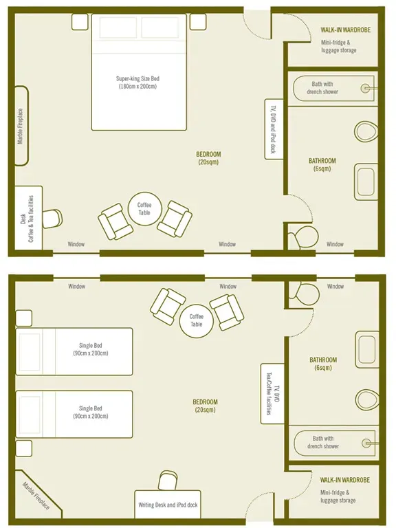 plan of the superior rooms based on the twin or double configuration